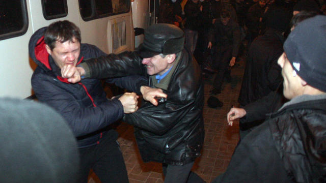 Pro-Russian supporters clash with pro-Ukrainian activists during a rally in the eastern Ukrainian city of Donetsk 