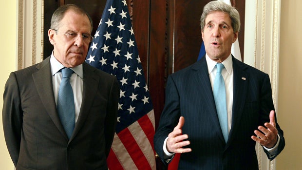U.S. Secretary of State John Kerry, right, meets with the Russian foreign minister, Sergey Lavrov, at the U.S. ambassador's residence for talks on the political situation in Ukraine March 14, 2014, in London. 