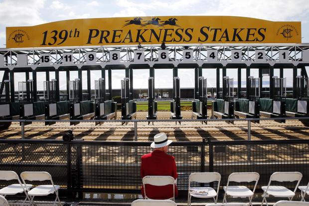 The starting gate is moved into place before the 139th Preakness Stakes at Pimlico Race Course in Baltimore May 17, 2014. 