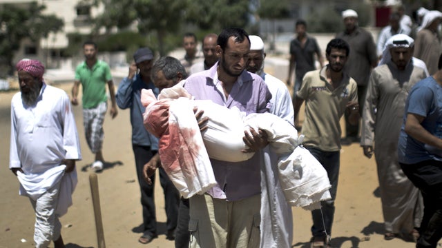 Palestinian mourners carry the body of five-year-old boy Abdallah Abu Ghazal, killed in an Israeli airstrike 