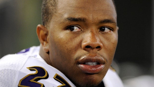 Baltimore Ravens running back Ray Rice sits on the sideline during an NFL preseason football game against the San Francisco 49ers in Baltimore Aug. 7, 2014. 