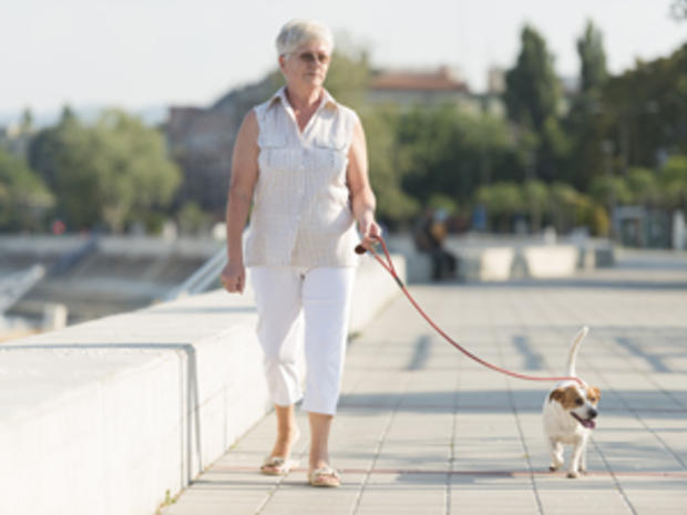 senior citizen walking dog 