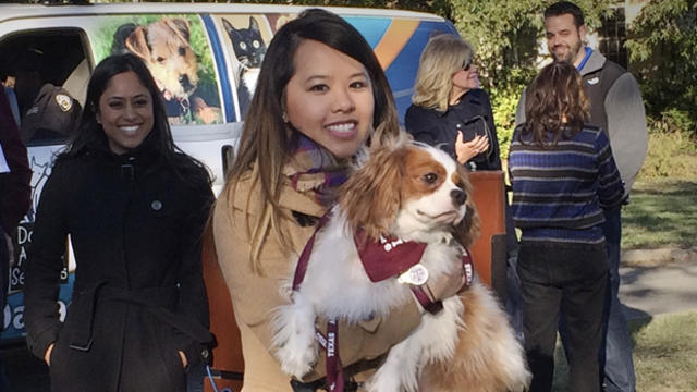 Ebola survivor Nina Pham is reunited with her dog Bentley at the Dallas Animal Services Center in Dallas Nov. 1, 2014. 