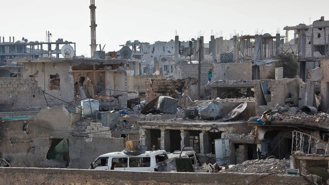 An image shows rubble in Kobani, Syria, after fighting between ISIS militants and Kurdish fighters and U.S.-led airstrikes 