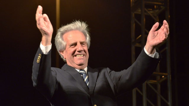Elected President Tabare Vazquez gestures during a celebration rally in Montevideo 