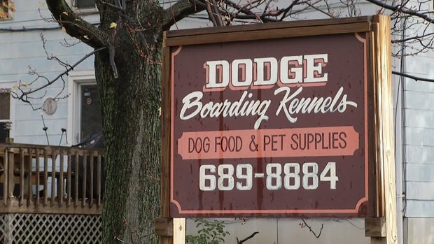 The sign for Dodge Boarding Kennels in Amherst, New York, is seen in the wake of the arrest of the kennel's owner and operator. 