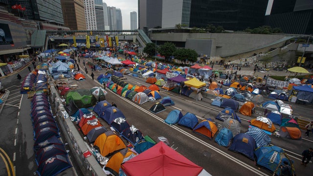 Tents set up by pro-democracy protesters line the roads at an Occupy Central protest site in Hong Kong 