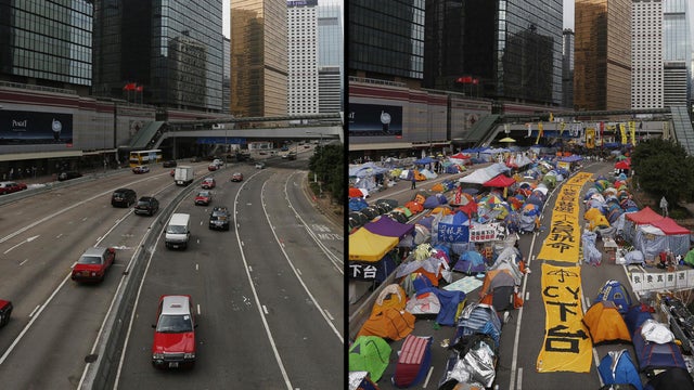 At left, traffic flows freely along a main road outside government headquarters in the Admiralty section of Hong Kong, Dec. 12, 2014, while another photo shows the same section of road before a pro-democracy protest camp was cleared 