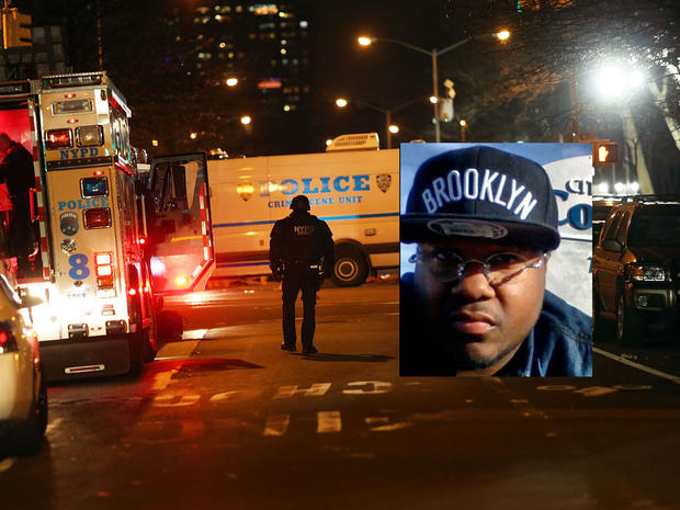 Photo of Ismaaiyl Brinsley is seen overlaid on scene of shooting of two NYPD officers execution-style on December 20, 2014 as they sat in their marked police car on a Brooklyn street corner 