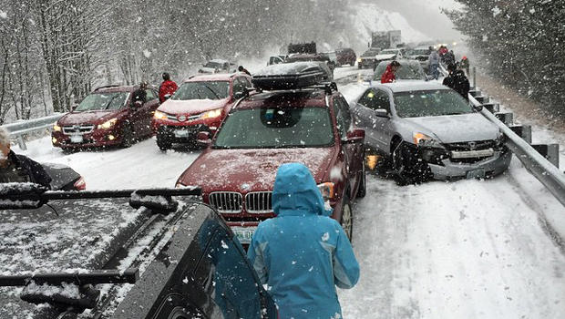 Multiple vehicles were involved in a pileup on Interstate 93 near Ashland, New Hampshire, Jan. 2, 2015. 