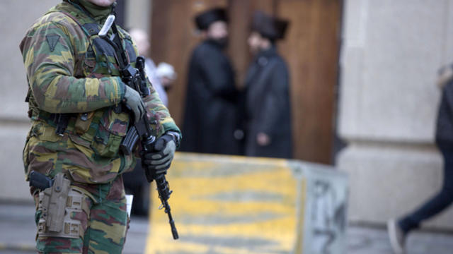 Belgian para-commandos patrol near a synagogue in the center of Antwerp, Belgium, Jan. 17, 2015. 