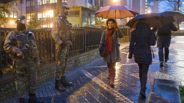 Belgian soldiers patrol outside the European Council headquarters in central Brussels 