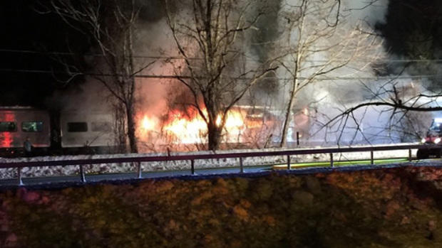 One car of a commuter train caught fire after hitting an SUV on February 3, 2015, some 20 miles north of NYC 