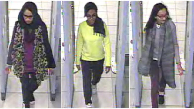 British teenage girls Shamima Begun, Amira Abase and Kadiza Sultana (L-R) walk through security at London's Gatwick Airport before they boarded a flight to Turkey, Feb. 17, 2015, in combination picture 