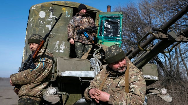 Members of the Ukrainian armed forces are seen near Artemivsk, eastern Ukraine, Feb. 23, 2015. 