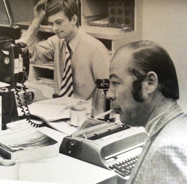 Dick (right) Smoking in Newsroom with Larry Haeg Jr. 