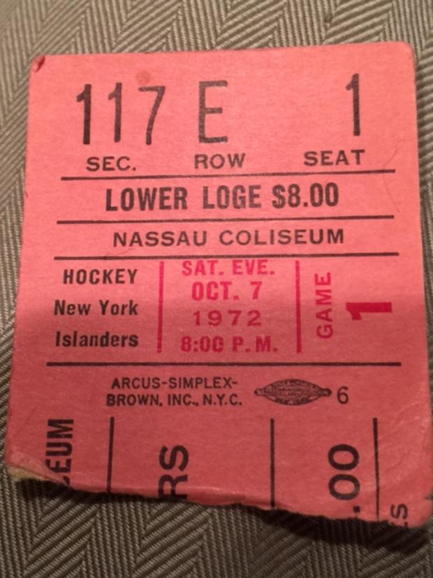 A ticket stub from the first Islanders game at Nassau Coliseum 