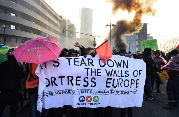 FRANKFURT, GERMANY - Mar. 18: Activists march in a demonstration organized by the Blockupy movement to protest against the policies of the European Central Bank (ECB) after the ECB officially inaugurated its new headquarters. 