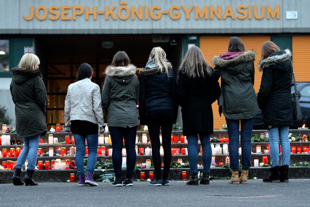Students and well wishers gather in front of Joseph-Koenig-Gymnasium secondary school in Haltern am See, Germany on March 24, 2015; several of the Germanwings plane crash victims were students there 