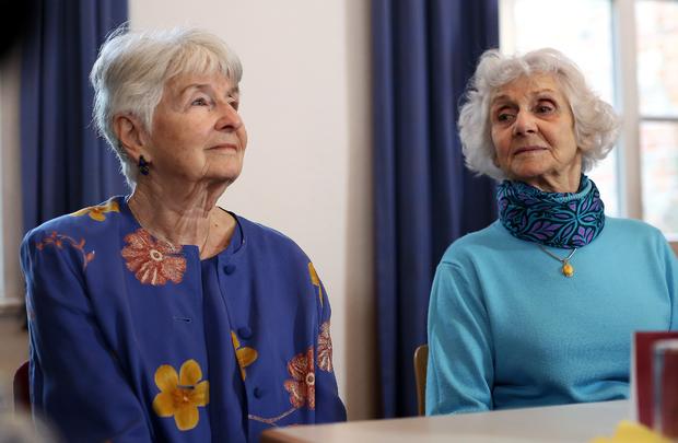 Auschwitz survivors Hedy Bohm (L) and Eva Pusztai-Fahidi attend a press conference of the International Auschwitz Committee in Lueneburg 