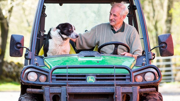 ​Tom Hamilton and Don the Sheepdog are seen at Kirkton Farm in Abington, Scotland, after the border collie caused a traffic scare on a busy motorway April 22, 2015. 