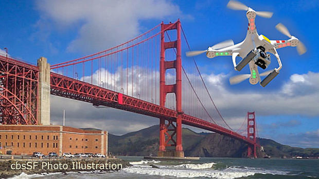 Photo Illustration: Golden Gate Bridge and Drone : Sources: James Irwin/CBS; Martin Bernetti, Getty Images 