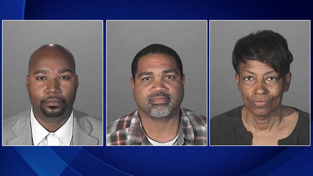 Brandon Kiel, left, David Henry​ and Tonette Hayes are seen in this combination of booking photos taken April 30, 2015, provided by the Los Angeles County Sheriff&rsquo;s Department. 