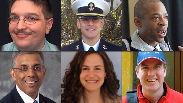 Clockwise from top left, Jim Gaines, Justin Zemser, Derrick Griffith, Abid Gilani, Rachel Jacobs and Bob Gildersleeve, who all died in the May 12, 2015, Amtrak train crash, are seen in this photo combination.