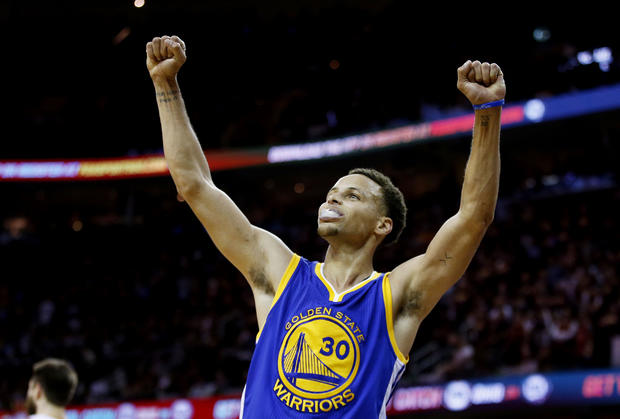 Stephen Curry, No. 30 of the Golden State Warriors, celebrates after they defeated the Cleveland Cavaliers 105 to 97 in Game Six of the 2015 NBA Finals at Quicken Loans Arena June 16, 2015, in Cleveland, Ohio. 
