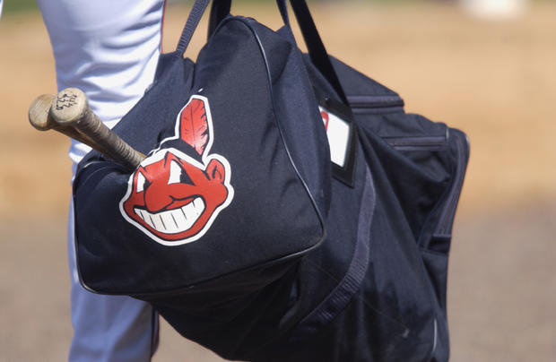 The Cleveland Indians logo is seen on a bag during the spring training game between the Minnesota Twins and the Cleveland Indians at Chain of Lakes Park in Winter Haven, Florida, on Feb. 28, 2002. 