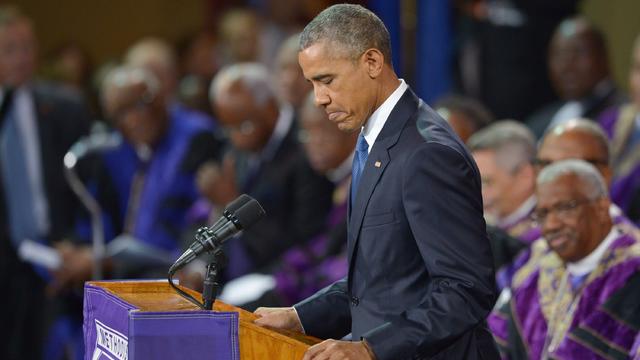 US President Barack Obama advocated stricter gun control measures as he gave the eulogy during the funeral of slain pastor, Rev. and South Carolina State Sen. Clementa Pinckney, at the College of Charleston TD Arena, in Charleston, South Carolina 