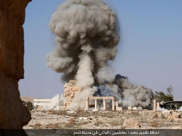 ​An image posted online by ISIS' branch in the Syrian province of Homs appears to show the destruction by explosives of the ancient temple of Baalshamin 