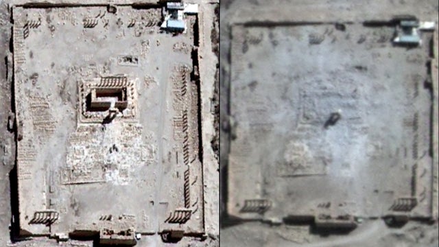 At left, the ancient Temple of Bel on Aug. 27, 2015, and at right the same site after being blown up by ISIS, on Aug. 31, 2015. 