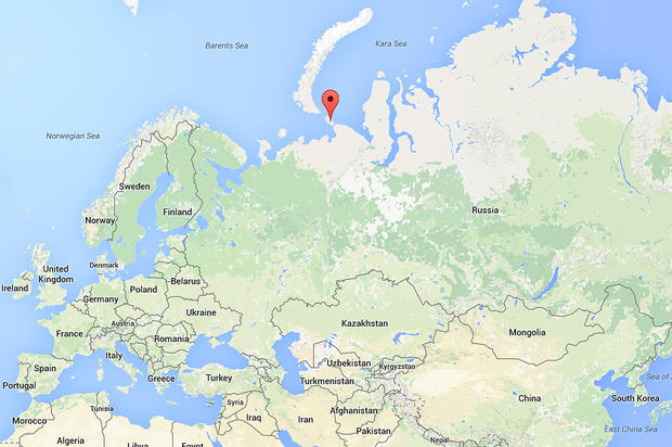 A red pin marks the location of Vaygach island, just off Russia's northern coast 