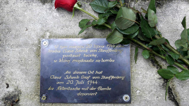 A plaque commemorating the place where Col. Claus von Stauffenberg put a case with a bomb on July 20, 1944, in Wolf's Lair, Adolf Hitler's headquarters in Gierloza, Poland, is seen July 22, 2004. 