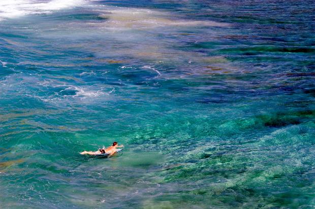 Coral reef surfer in Kauai, Hawaii 