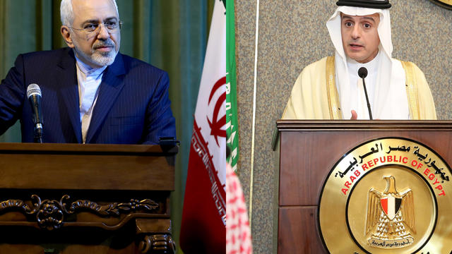 ​At left, Iranian Foreign Minister Mohammad Javad Zarif, and at right, Saudi Arabian Foreign Minister Adel Jubeir. 