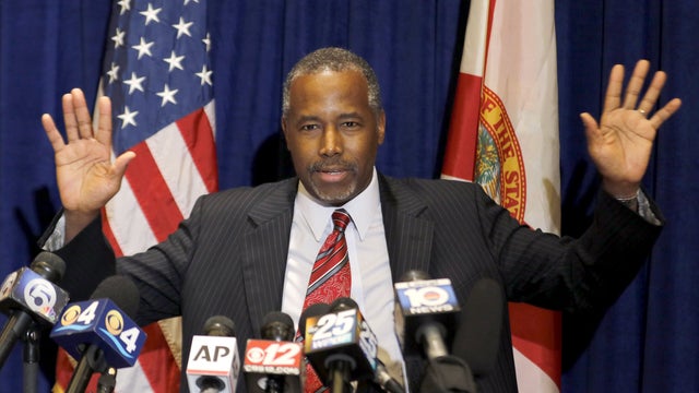 Republican presidential candidate Ben Carson reacts to a question about his past at a news conference before he delivers the keynote speech at the Black Republican Caucus of South Florida's scholarship gala at the PGA National Resort and Spa in Palm Beach 