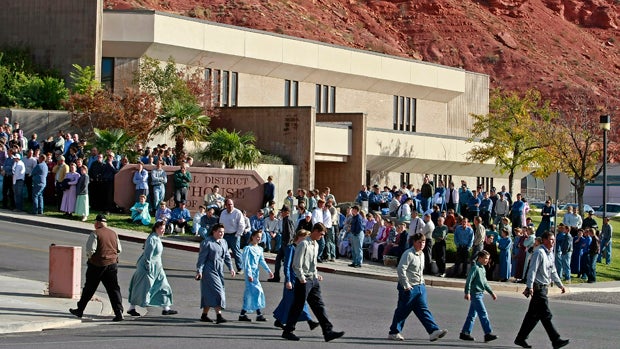 Several thousand polygamy supporters from Colorado City, Arizona, gather at the Fourth District Courthouse Nov. 14, 2008, in St. George, Utah. 