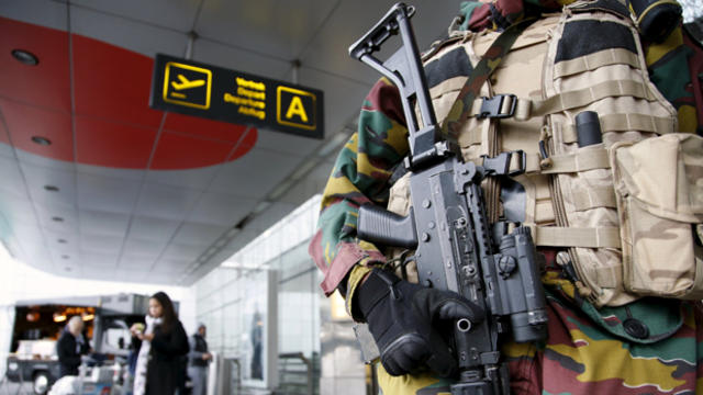 A Belgian soldier stands guard at the entrance of Zaventem international airport near Brussels Nov. 22, 2015, after security was tightened in Belgium following the fatal attacks in Paris. 