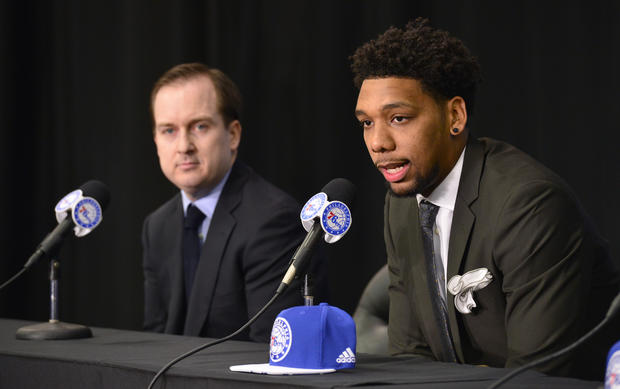 Jahlil Okafor, Richaun Holmes and J.P. Tokoto attend a press conference after being selected by the Philadelphia 76ers in the 2015 NBA draft 