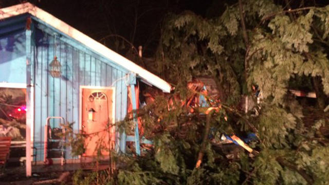 ​Crews work the scene after a woman died from a tree falling on a house in Portland, Oregon, Dec. 9, 2015. 