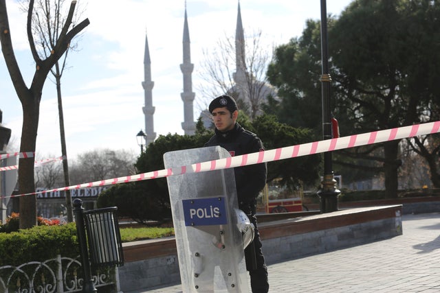 A police officer secures the area after an explosion near the Ottoman-era Sultanahmet mosque, known as the Blue mosque in Istanbul 