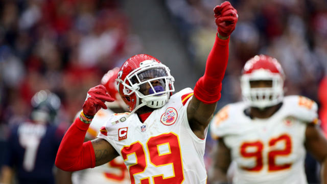 Kansas City Chiefs free safety Eric Berry, No. 29, reacts after intercepting a pass against the Houston Texans during the first quarter in a AFC Wild Card playoff football game at NRG Stadium in Houston Jan. 9, 2016. 