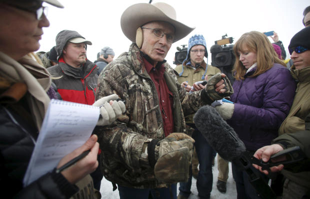 Arizona cattle rancher Robert "LaVoy" Finicum speaking to the media at Malheur National Wildlife Refuge near Burns, Oregon, on Jan. 5, 2016 
