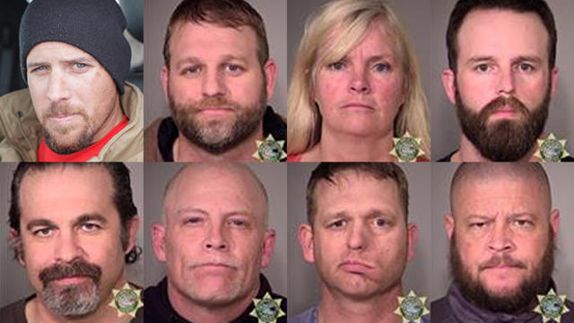 ​From left to right, from top to bottom, Jon Eric Ritzheimer, 32, Ammon Bundy, 40, Shawna Cox, 59, Ryan Payne, 32, Peter Santilli, 50, Joseph Donald O'Shaughnessy, 45, Ryan Bundy, 43, and Brian Cavalier, 44, are seen. 