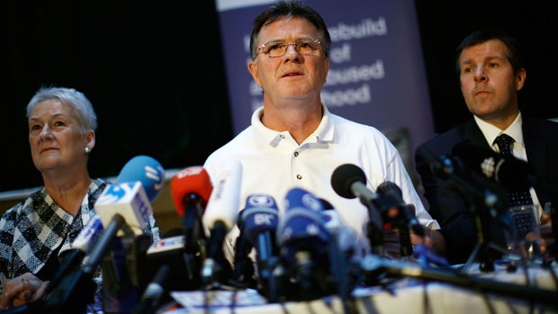 Peter Saunders, center, chief executive of the National Association for People Abused in Childhood, flanked by abuse victim Sue Cox and solicitor David Greenwood, speaks about clergy sexual abuse during a press conference on Sept. 15, 2010, in London, Eng 