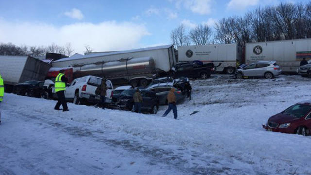 ​Crews work the scene after a massive deadly pileup on Interstate 78 in central Pennsylvania Feb. 13, 2016. 