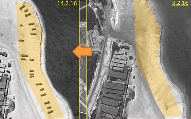 Satellite images from early Feb. 2, 2016, left, and another of the same part of Woody Island in the South China Sea taken on Feb. 14, 2016, show the appearance of anti-aircraft missile units on the beach 