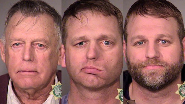 Cliven Bundy, left, and sons Ryan Bundy, center, and Ammon Bundy are seen in police jail booking photos released by the Multnomah County Sheriff's Office in Portland, Oregon. Cliven Bundy was arrested Feb. 10, 2016, and his sons were arrested Jan. 26, 201 